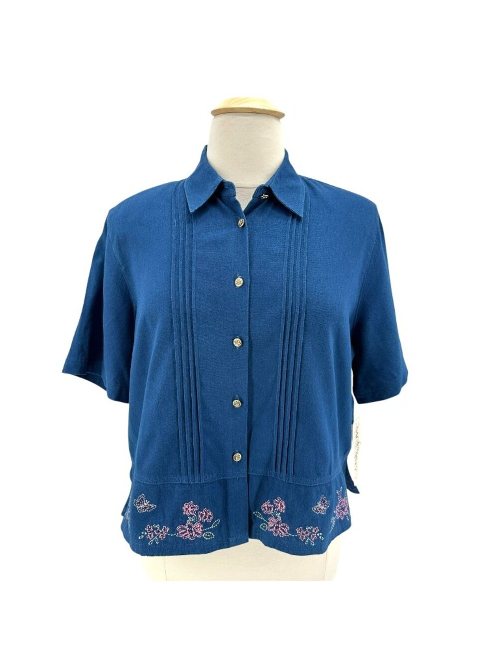 NEW Napa Valley Womens XL Top Embroidered Floral Indigo Blue Button Pleated